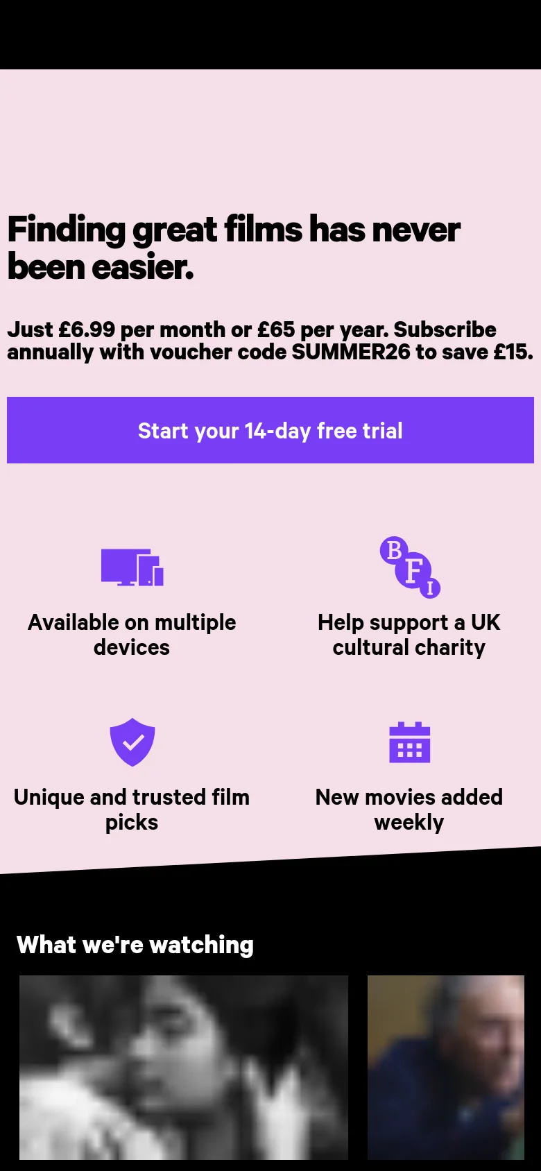 BFI Player Pricing mobile website screenshot