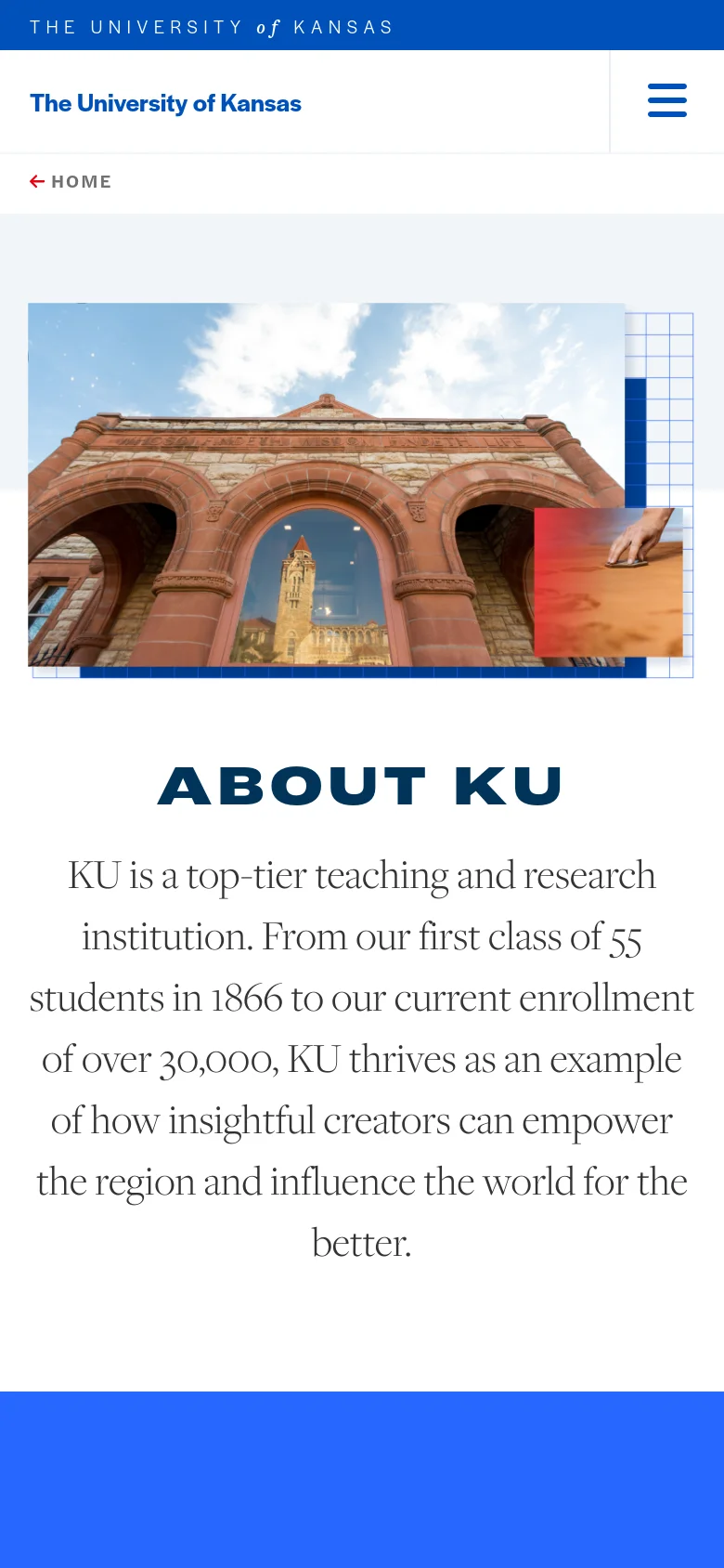 The mobile version displays a simplified layout with a condensed header containing the University of Kansas name and a hamburger menu icon. The hero image of the sandstone architecture remains prominent, followed by the 'ABOUT KU' heading and introductory text, with all elements stacked vertically for easy scrolling.