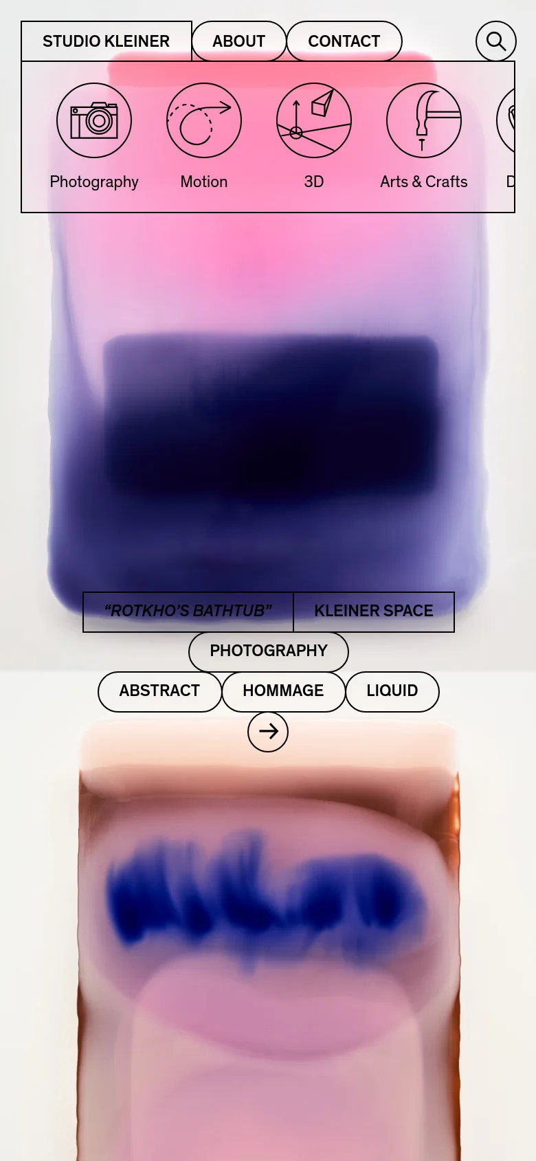 The mobile version maintains the minimalist aesthetic but stacks elements vertically, showing a large header with navigation and a prominent circular icon menu for categories. The hero section features a large, colorful abstract image with project information and navigation buttons centered below it.