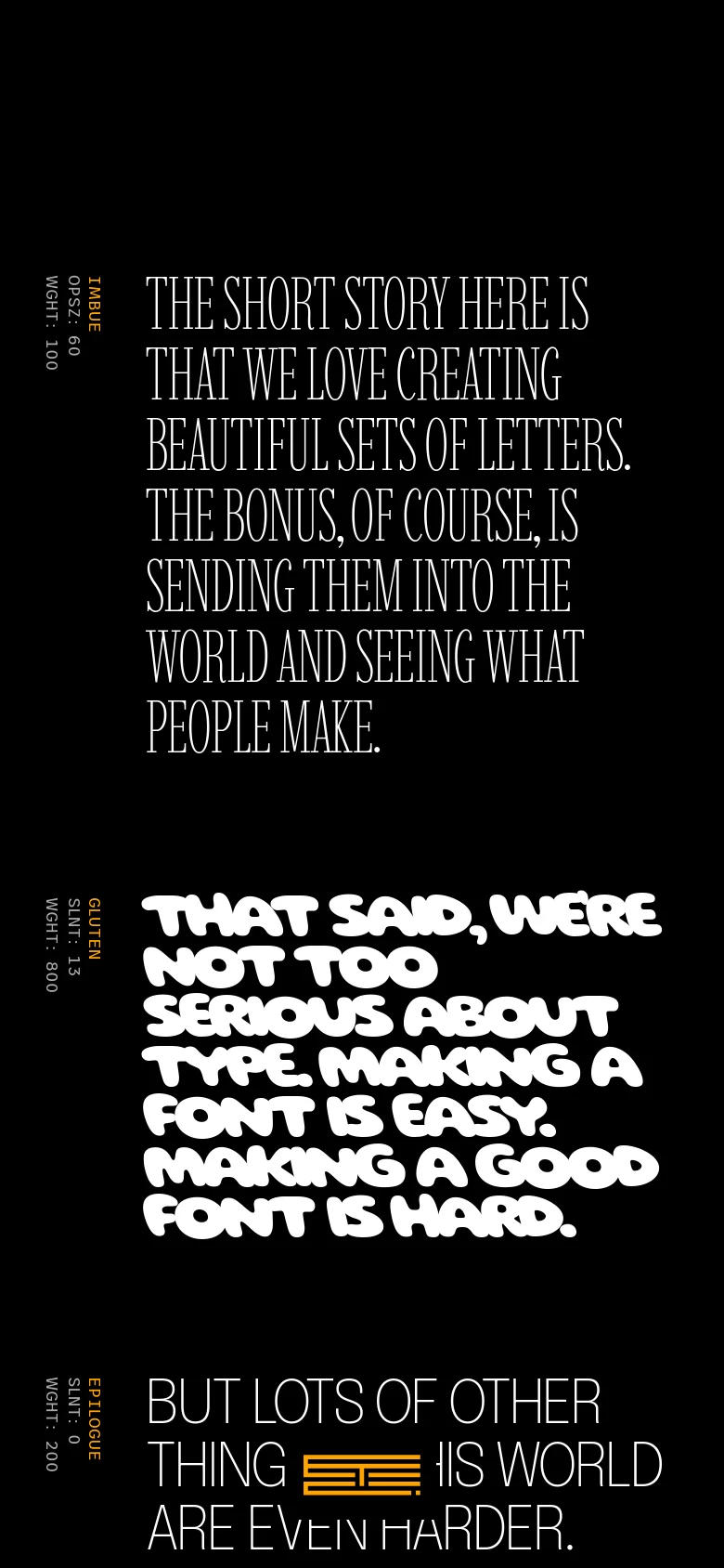 The mobile version maintains the black background and white typography but uses a single-column layout with smaller, scaled-down text to fit the narrow screen. The font metadata labels and the yellow menu icon remain visible, though the text blocks are more condensed.