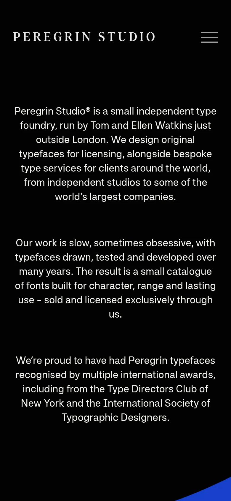 The mobile version maintains the black background and white text but simplifies the layout for a narrow screen. The large blue decorative curves are less prominent, and the top navigation is condensed into a hamburger menu icon. The text content is stacked vertically to ensure readability on a small device.