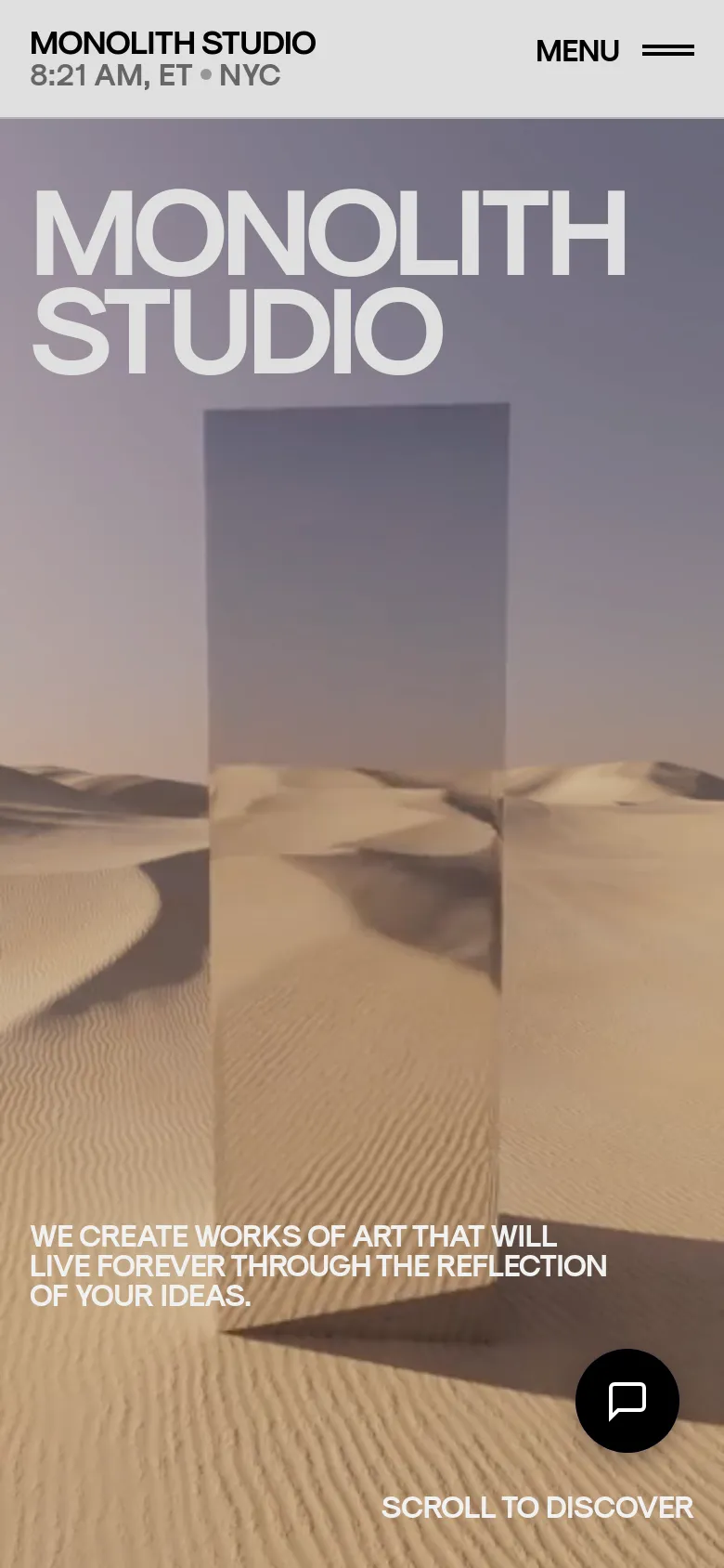 The mobile version presents a vertically stacked layout with the 'MONOLITH STUDIO' headline prominently centered over the desert and monolith imagery. The top navigation is condensed into a 'MENU' hamburger icon, and the 'SCROLL TO DISCOVER' prompt is positioned at the bottom right.