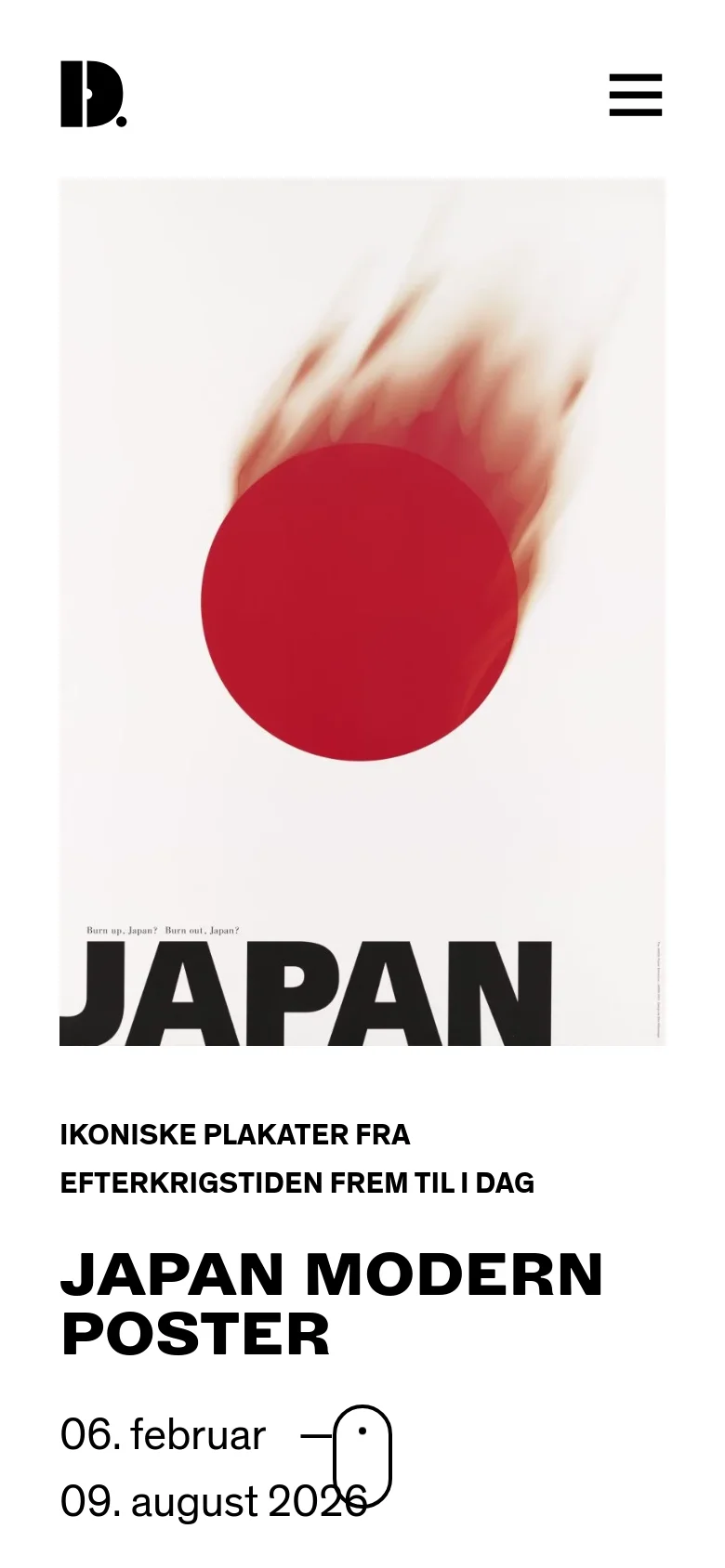 The mobile version uses a simplified vertical layout with a large hamburger menu icon at the top right. The hero image of the red sun poster is centered and takes up the top half of the screen, followed by the exhibition title and dates stacked vertically below it.