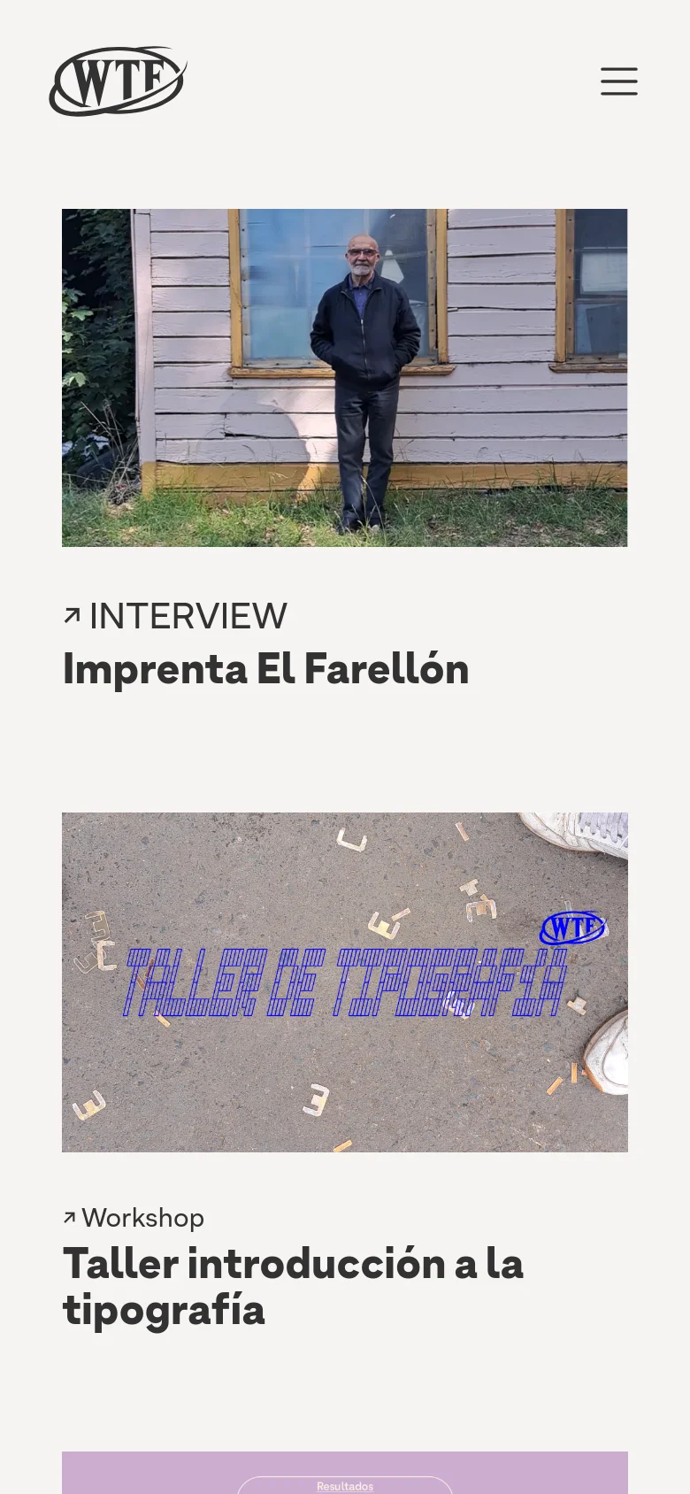 The mobile version simplifies the layout into a single-column vertical scroll, with the navigation menu collapsed into a hamburger icon at the top right. The large imagery and bold typography remain the focus, but the content is stacked vertically to fit the narrow screen width, maintaining the minimalist aesthetic.