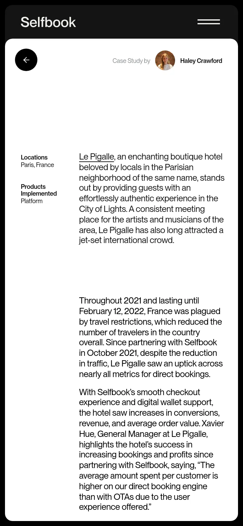 The mobile version of the case study page maintains the minimalist white and black aesthetic but uses a condensed layout. The top navigation is replaced by a hamburger menu icon, and the text content is stacked vertically to fit the narrow screen, ensuring the case study details and author information remain legible.
