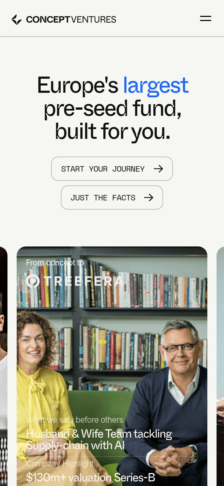 Concept Ventures mobile homepage with a centered, stacked layout. The hero headline is prominently displayed in large bold type above two vertically stacked buttons, followed by a single-column scroll of large, full-width portfolio company feature cards.