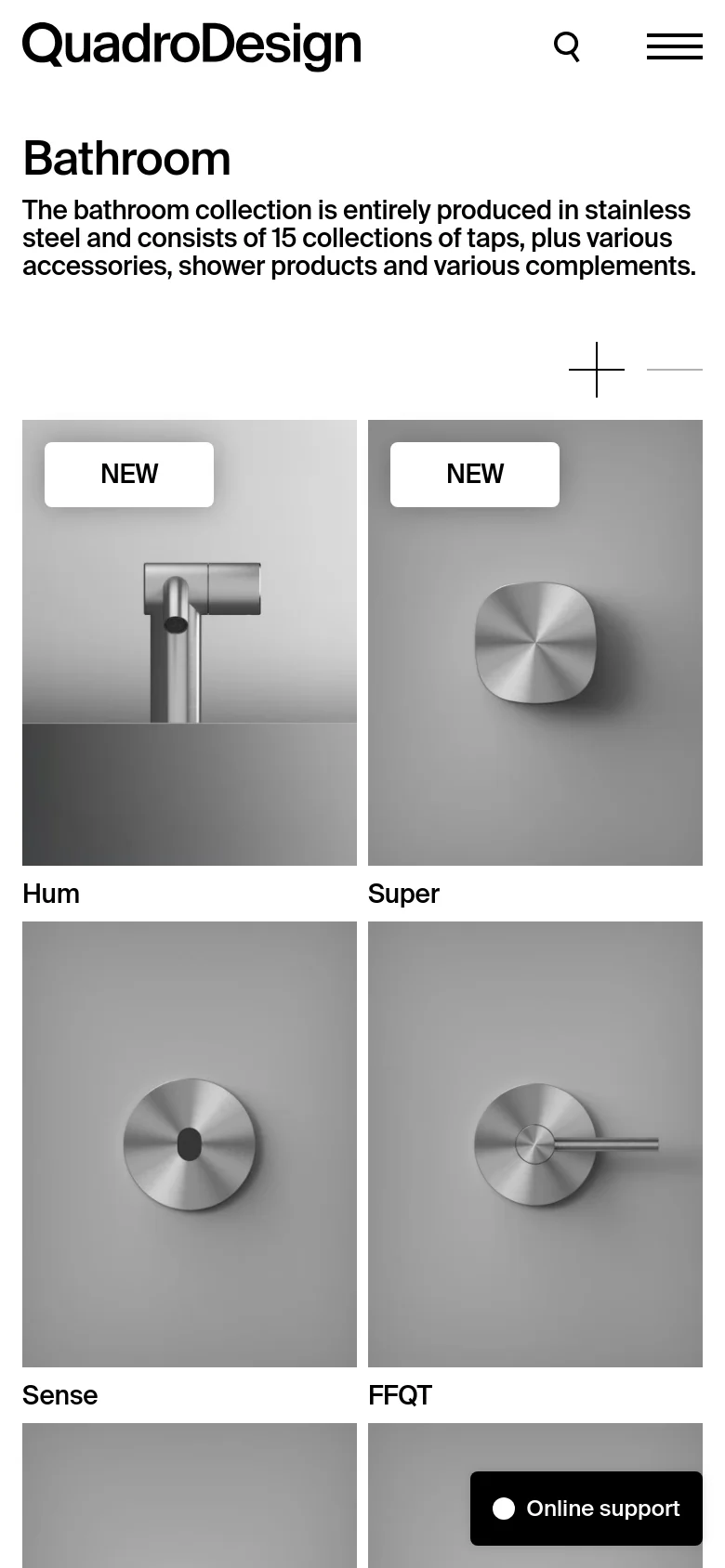 The mobile version displays a simplified header with the 'QuadroDesign' logo, a search icon, and a hamburger menu. The 'Bathroom' headline and description are stacked vertically above a two-column grid of product collection images, such as 'Hum' and 'Super', which are larger and more prominent than on the desktop view. A floating 'Online support' button is visible at the bottom right.