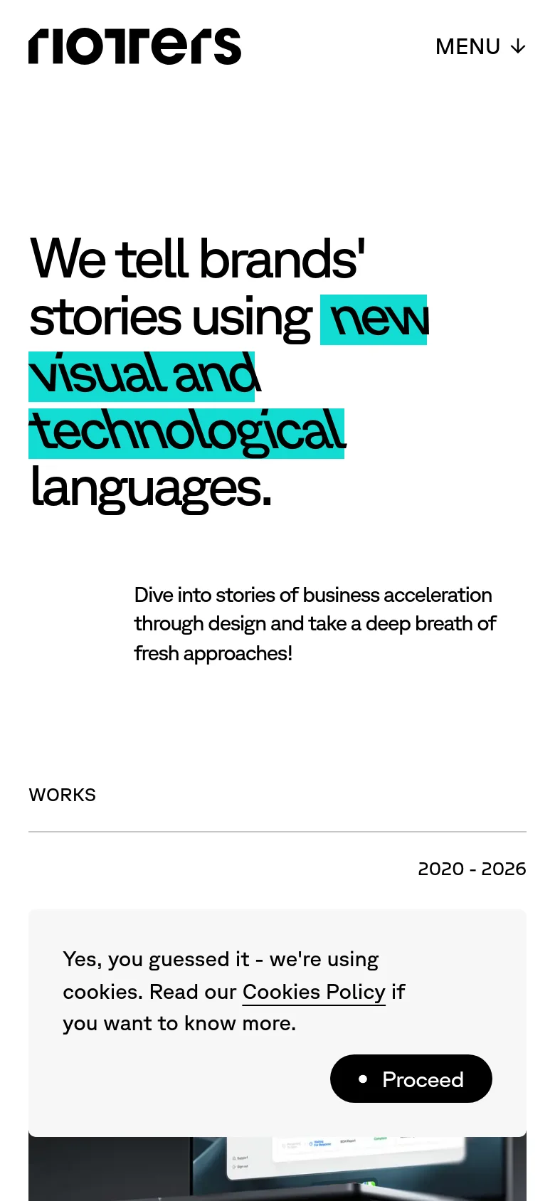 The mobile version presents a single-column vertical layout optimized for small screens. The large bold headline and cyan-highlighted text are stacked vertically, followed by the introductory text and a single-column list of project case studies. A cookie consent banner appears at the bottom of the viewport with a black 'Proceed' button.