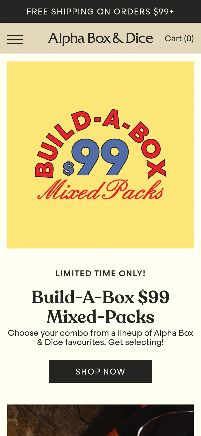 The mobile version simplifies the layout into a single-column view, replacing the horizontal desktop navigation with a hamburger menu icon. The hero section prominently displays the 'Build-A-Box $99 Mixed-Packs' graphic and text, followed by a large 'SHOP NOW' button. The top black bar for free shipping remains visible, and the brand name is centered in the header.