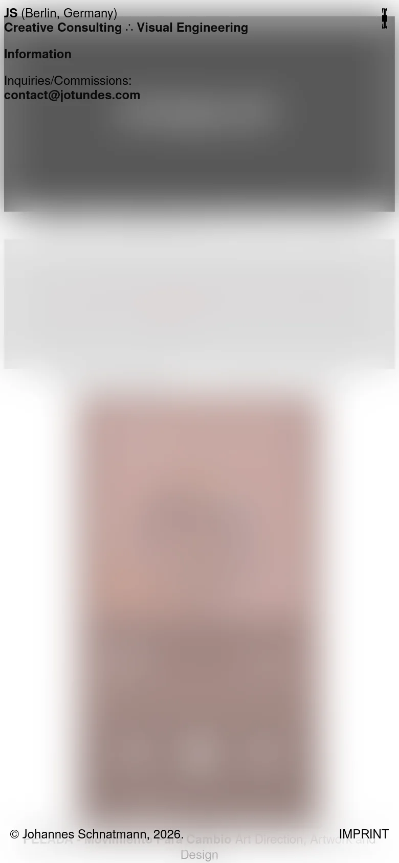 The mobile version maintains the minimalist aesthetic but uses a single-column vertical layout. The navigation and contact information are stacked, and the project imagery is scaled to fit the narrow screen width, emphasizing a continuous vertical scroll of work samples.