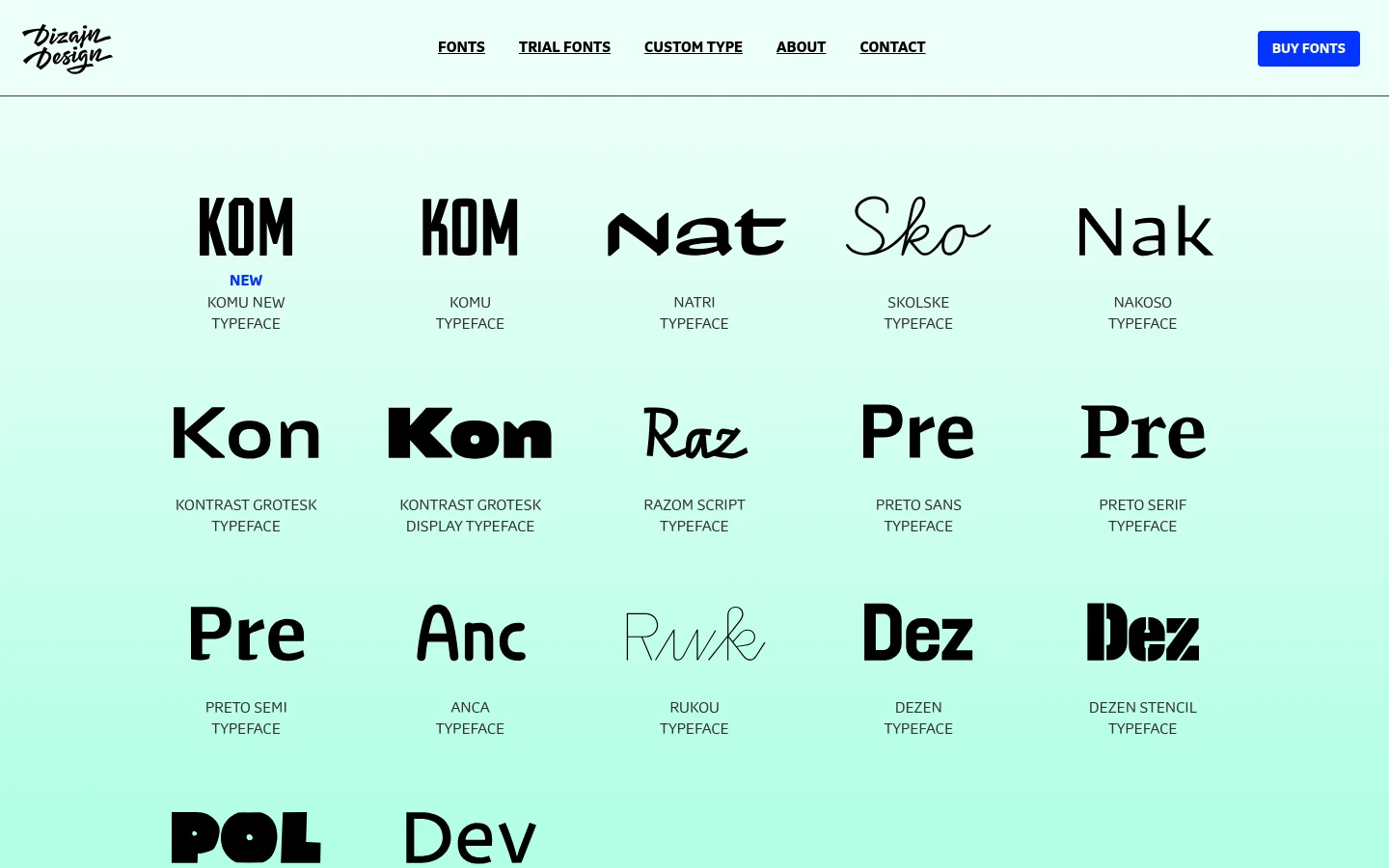 The desktop website features a minimalist design with a light mint green background. A navigation menu at the top includes links for Fonts, Trial Fonts, Custom Type, About, and Contact, alongside a prominent 'Buy Fonts' button. The main content displays a grid of various typefaces, each represented by a large sample word and its name below.