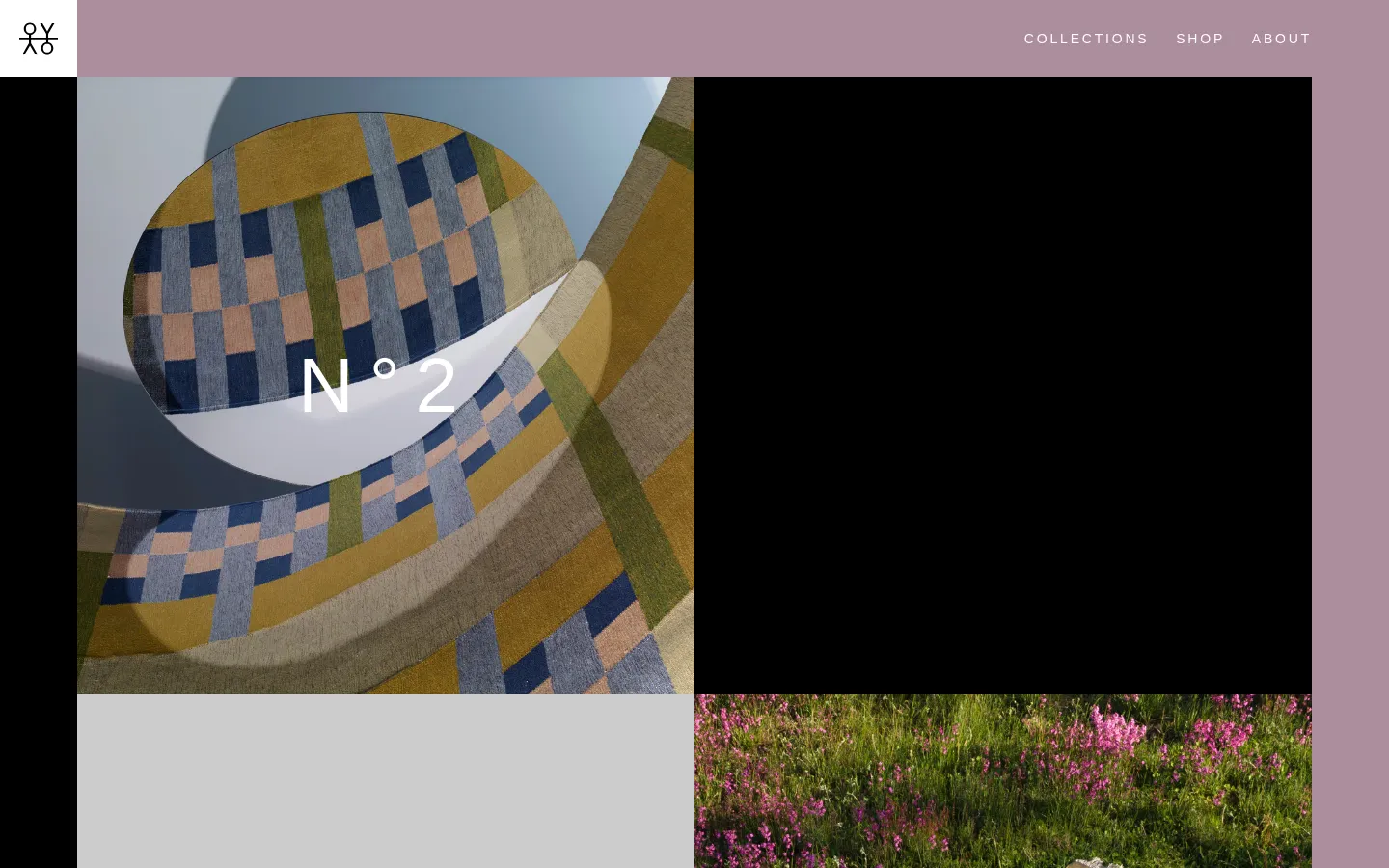 The desktop page displays a grid layout of large, high-quality rectangular images representing different collections. Each image features a collection title like 'N° 2', 'Irregular', or 'N° 1' overlaid in white text, set against a muted mauve header with a minimalist logo and navigation links.