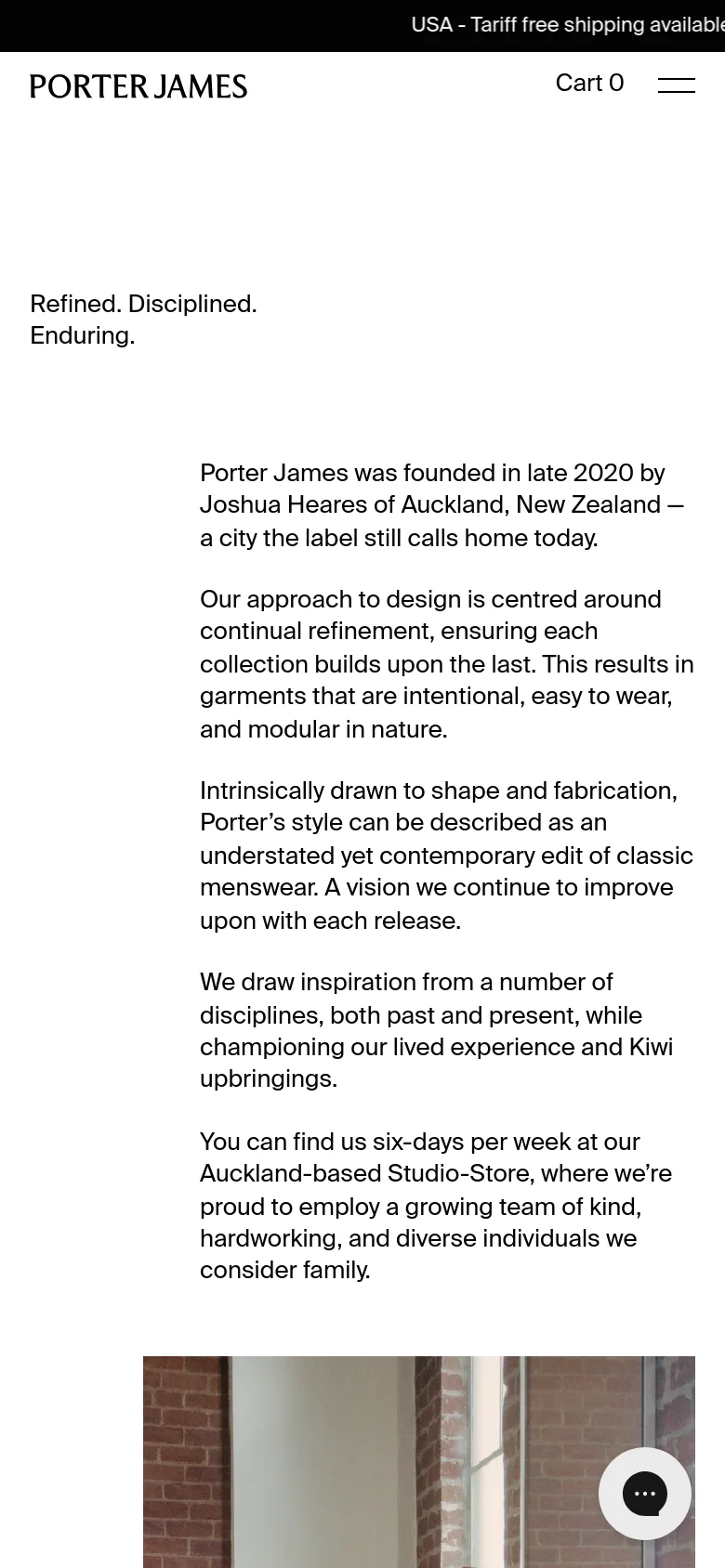 The mobile version presents a simplified, single-column layout with the brand name 'PORTER JAMES' and 'Cart 0' at the top, alongside a hamburger menu icon. The brand story text is stacked vertically above a large, full-width photograph of two men in front of a brick wall, maintaining the clean, high-contrast aesthetic of the desktop site.