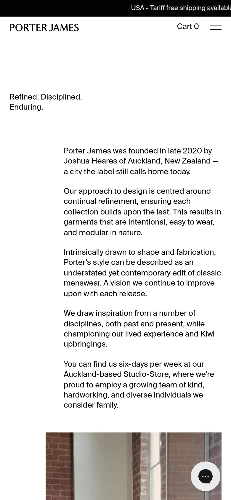 The mobile version presents a simplified, single-column layout with the brand name 'PORTER JAMES' and 'Cart 0' at the top, alongside a hamburger menu icon. The brand story text is stacked vertically above a large, full-width photograph of two men in front of a brick wall, maintaining the clean, high-contrast aesthetic of the desktop site.