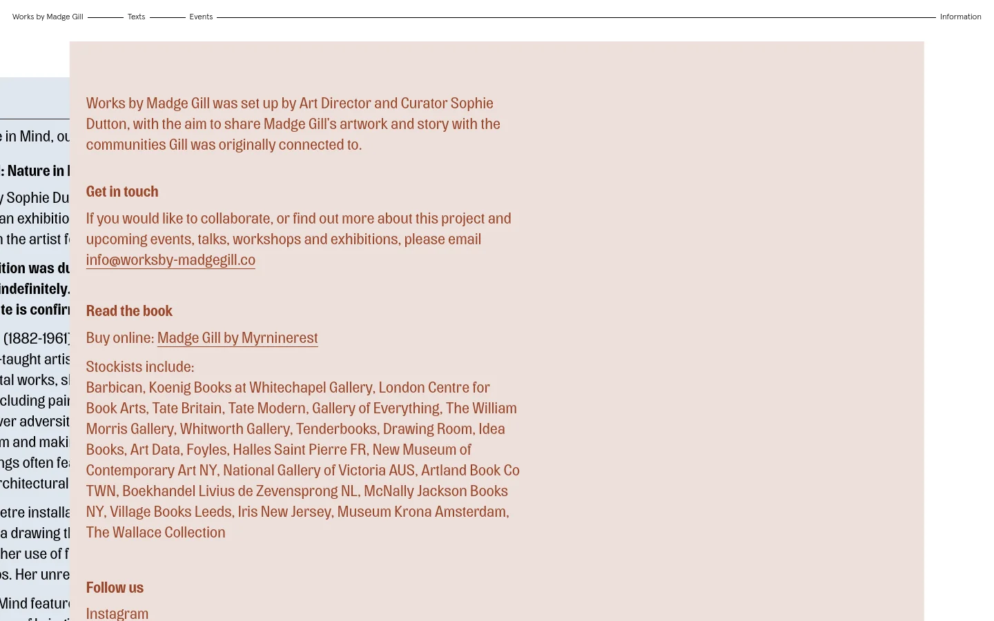The desktop page features a clean layout with a navigation bar at the top and a large hero image of a blue Madge Gill plaque. Below, a headline introduces the project to celebrate an East End visionary, followed by several paragraphs of text on a light beige background. The design uses ample white space and dark red text for emphasis.