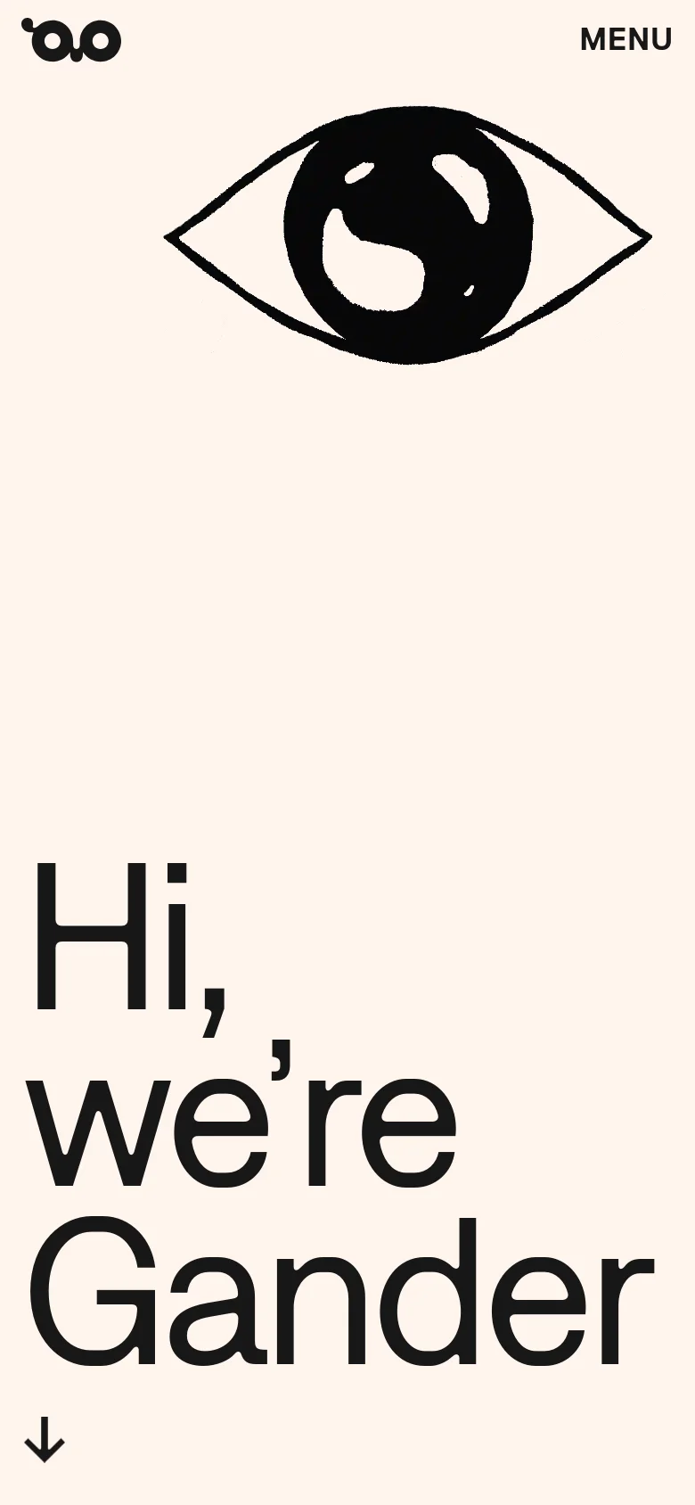 The mobile version uses a similar cream background and large black headline, but the layout is vertically stacked. A large stylized eye graphic is centered above the text, and the navigation is condensed into a 'MENU' button in the top right corner.