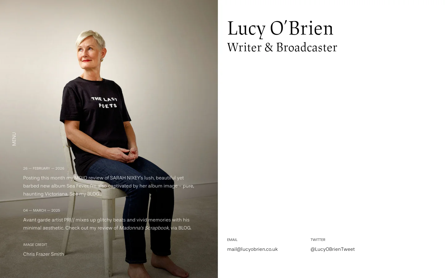 Desktop view of Lucy O'Brien's homepage featuring a large portrait of a woman in a black t-shirt sitting on a chair against a neutral background. The right side contains her name and title, 'Writer & Broadcaster,' in large serif typography, with recent blog updates and contact links positioned below.