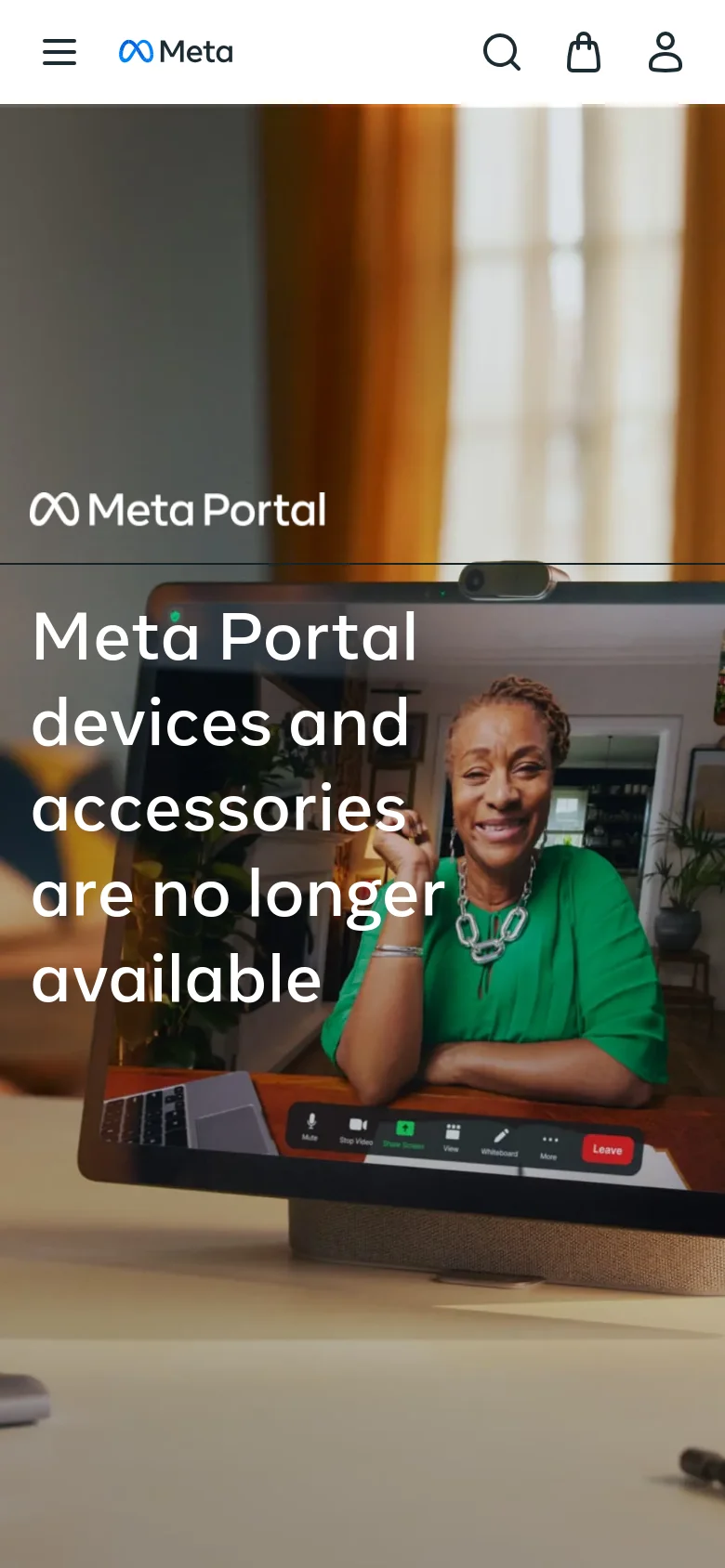 The mobile version displays a vertically oriented hero image of the Meta Portal device with the same announcement headline. The navigation is condensed into a hamburger menu on the left, with the Meta logo centered and search, shopping, and profile icons on the right.