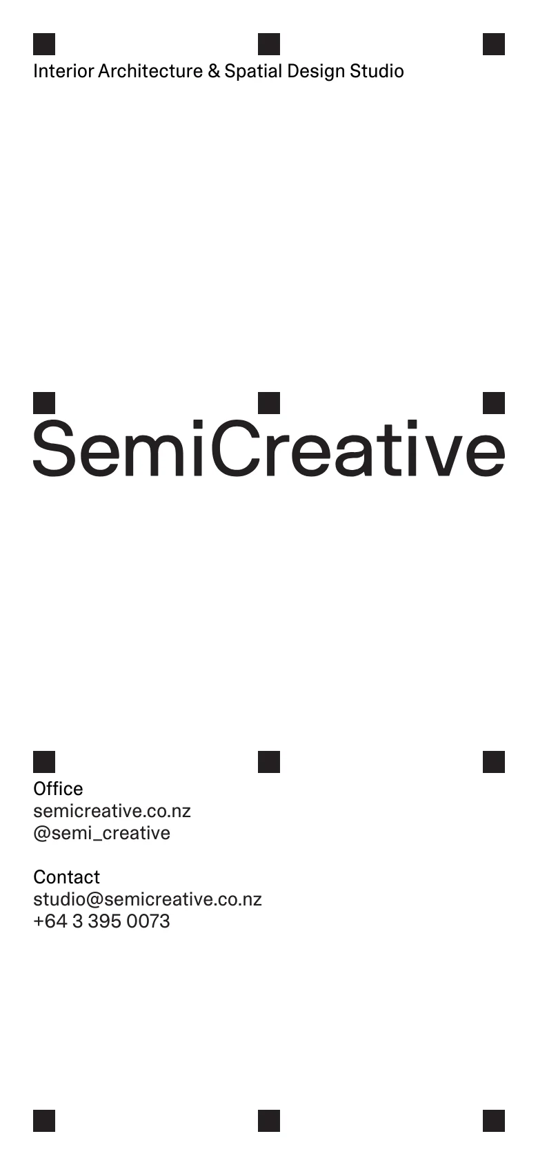 The mobile version maintains the minimalist white and black aesthetic but uses a vertically stacked layout. The large 'SemiCreative' branding is centered, and the navigation and contact information are rearranged into a single column for easier scrolling on smaller screens.
