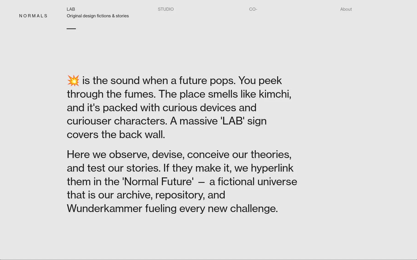 The Lab page features a minimalist design with a light gray background and black monospaced text. A large introductory section describes the lab's purpose, followed by categorized sections like 'DIY Healthcare' and 'Future Cities and Societies' containing project links. The desktop layout uses a wide, airy arrangement with navigation links like 'STUDIO' and 'ABOUT' spread across the top.