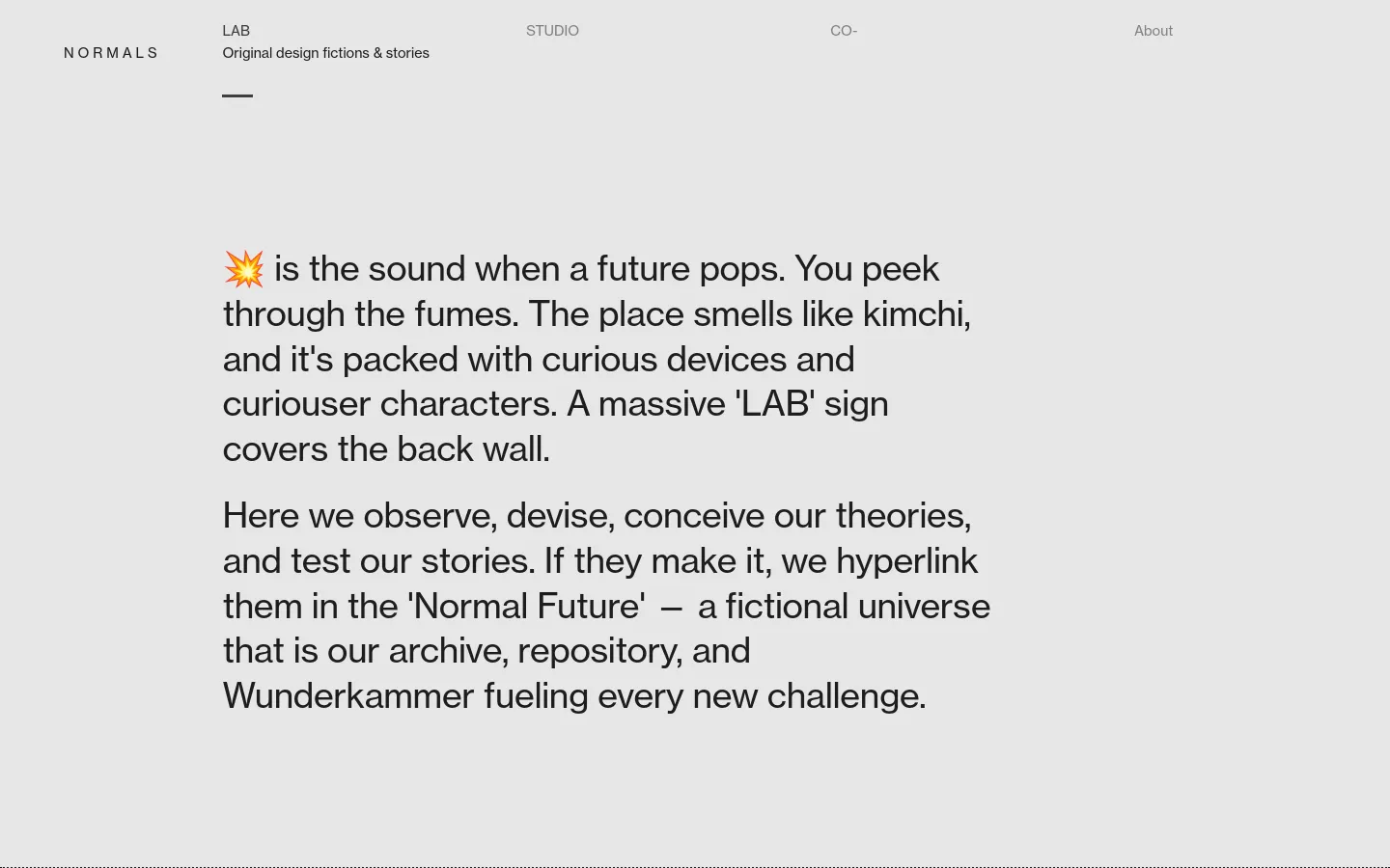 The Lab page features a minimalist design with a light gray background and black monospaced text. A large introductory section describes the lab's purpose, followed by categorized sections like 'DIY Healthcare' and 'Future Cities and Societies' containing project links. The desktop layout uses a wide, airy arrangement with navigation links like 'STUDIO' and 'ABOUT' spread across the top.