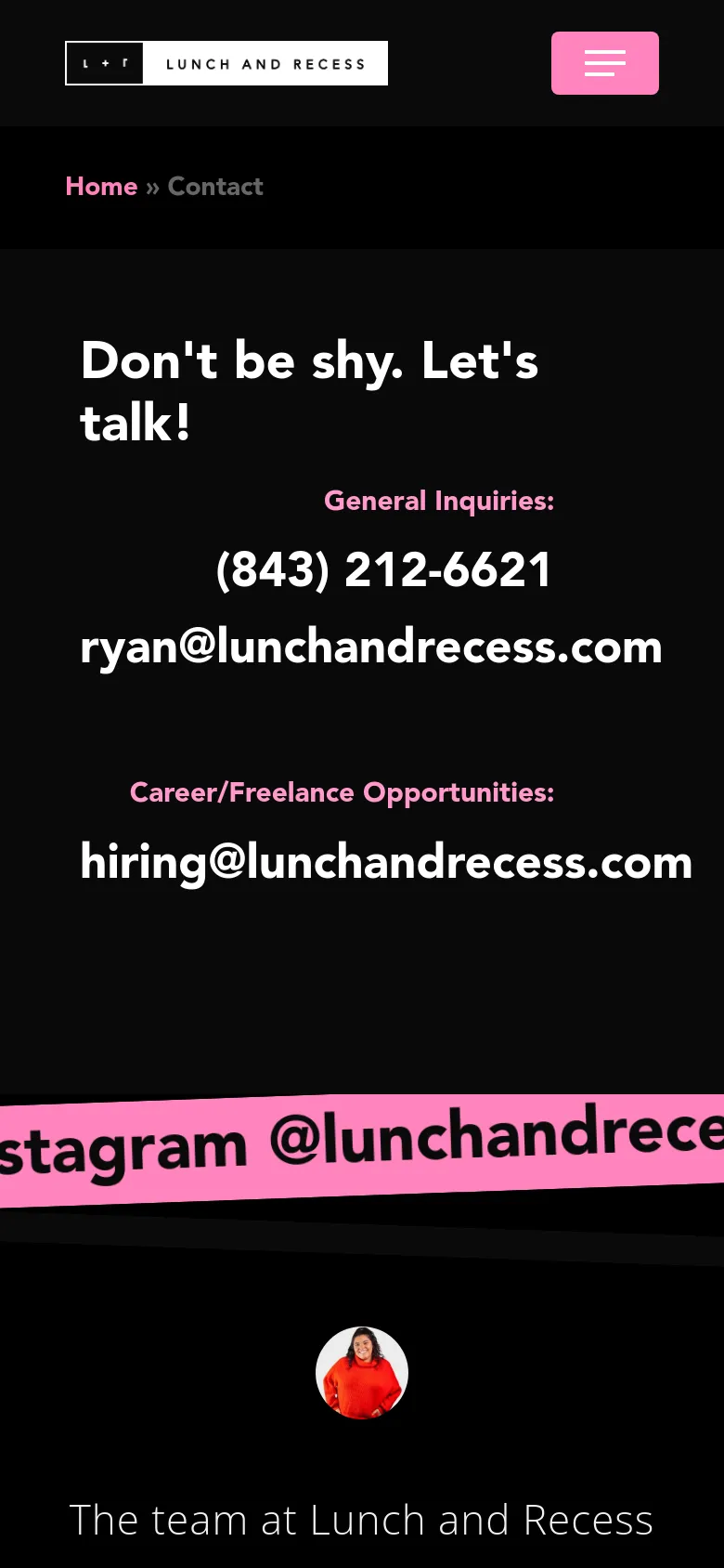 The mobile version uses a simplified vertical layout on a black background. The main headline is centered at the top, followed by contact email addresses and phone numbers stacked vertically, with a pink hamburger menu icon in the header and a pink banner at the bottom.