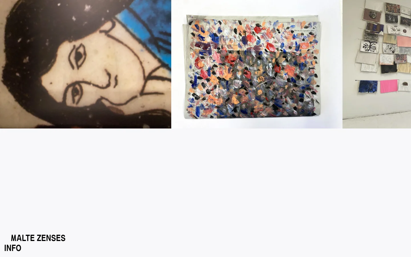 The desktop homepage for Malte Zenses features a minimalist white background with large, high-resolution artistic images arranged in a grid-like fashion. The layout showcases various abstract and portrait artworks, with the name 'MALTE ZENSES' and 'INFO' displayed in bold, black sans-serif typography at the bottom left.