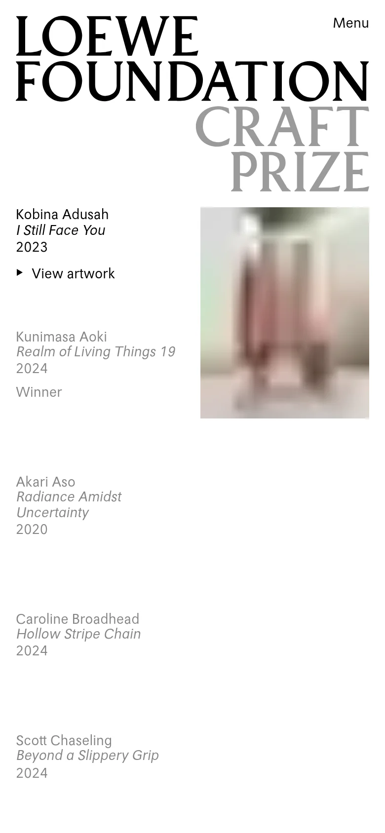 The mobile version maintains the minimalist aesthetic but shifts to a single-column vertical layout. The artist names and their specific works are stacked vertically, accompanied by large, full-width artistic images that fill the screen. Navigation is condensed into a 'Menu' button at the top right.