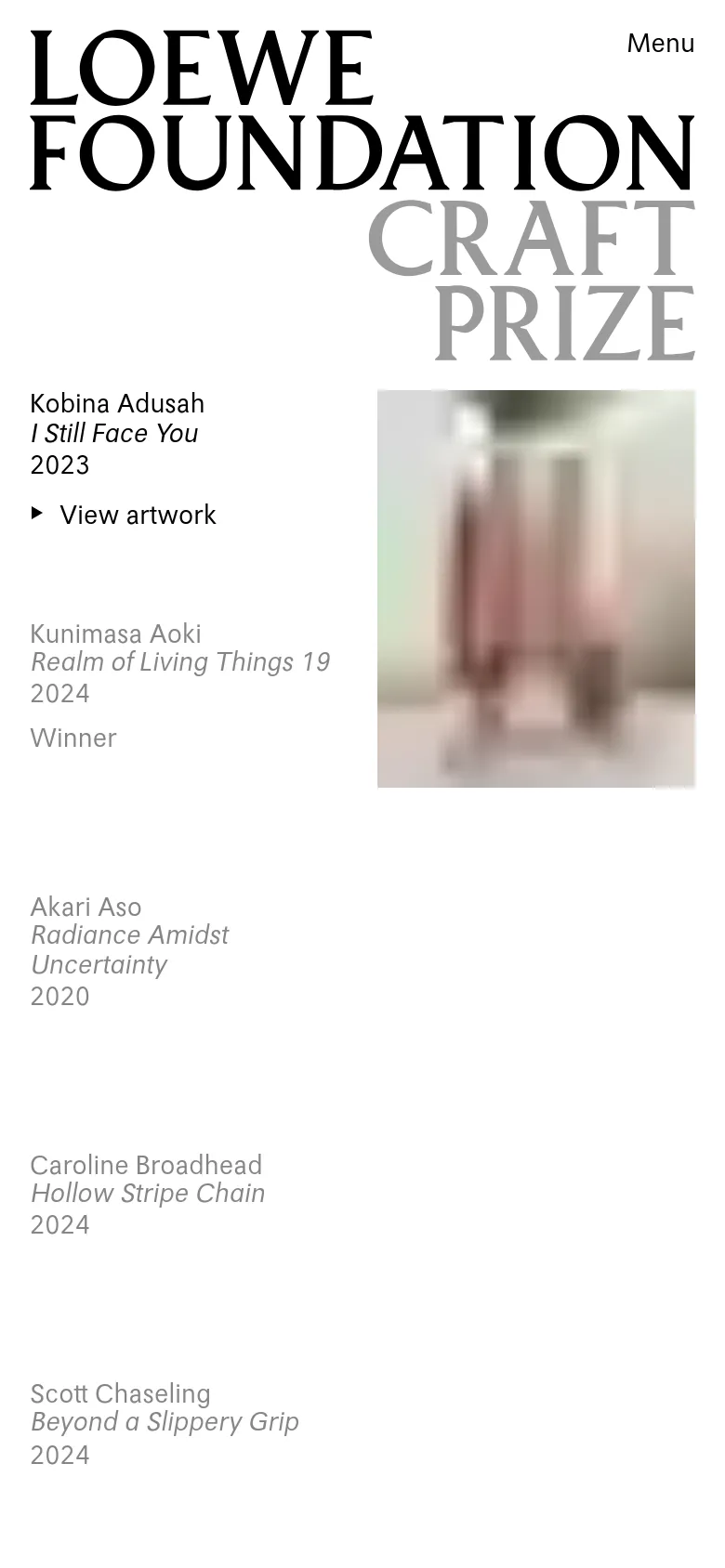 The mobile version maintains the minimalist aesthetic but shifts to a single-column vertical layout. The artist names and their specific works are stacked vertically, accompanied by large, full-width artistic images that fill the screen. Navigation is condensed into a 'Menu' button at the top right.