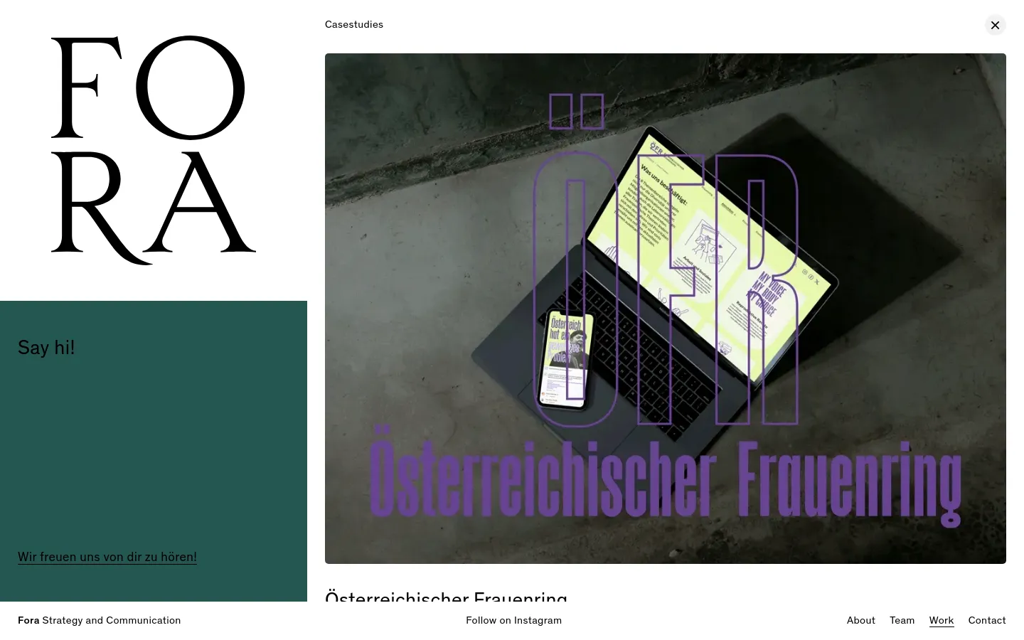 FORA Work page featuring a newsfeed layout with a minimalist editorial design. Large serif typography and a dark green sidebar contrast with a light background, showcasing a vertical list of dated news entries with small thumbnail images and text snippets. The aesthetic uses a sophisticated palette of forest green, black, and off-white.