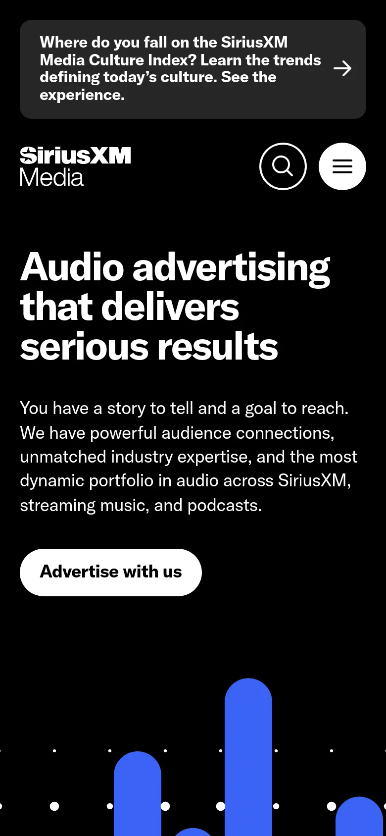 The mobile version maintains the dark theme and large white headline but uses a condensed layout. The navigation is simplified with a search icon and a hamburger menu icon in the top right, while the 'Advertise with us' button is centered below the introductory text.