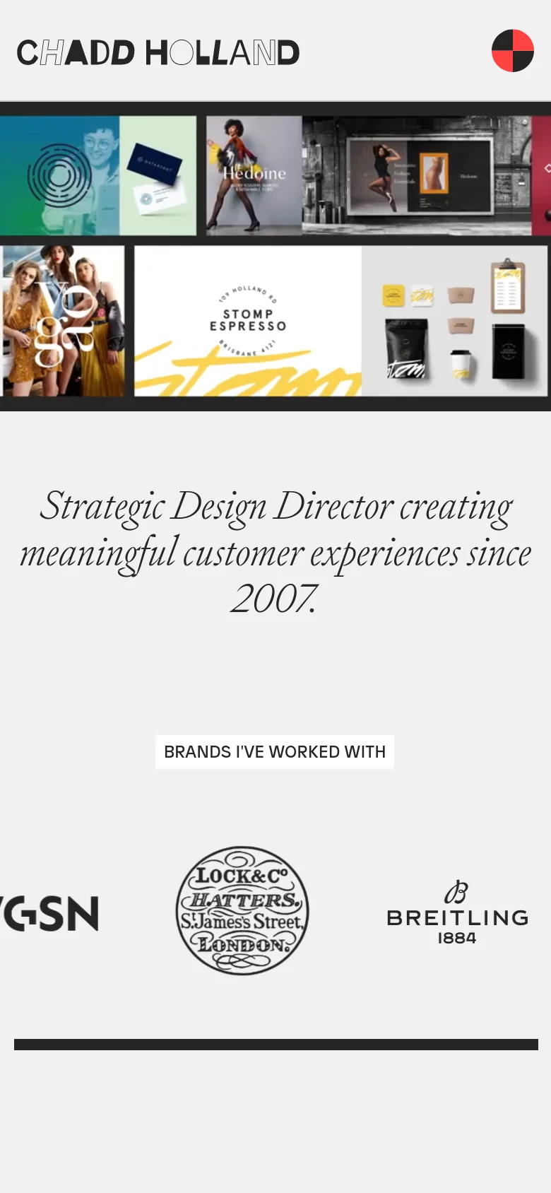 Mobile version of the homepage featuring a condensed layout. The navigation is replaced by a hamburger menu icon, and the large typographic header and project collage are stacked vertically. The brand logo and contact email are prominently displayed at the top and bottom of the screen.