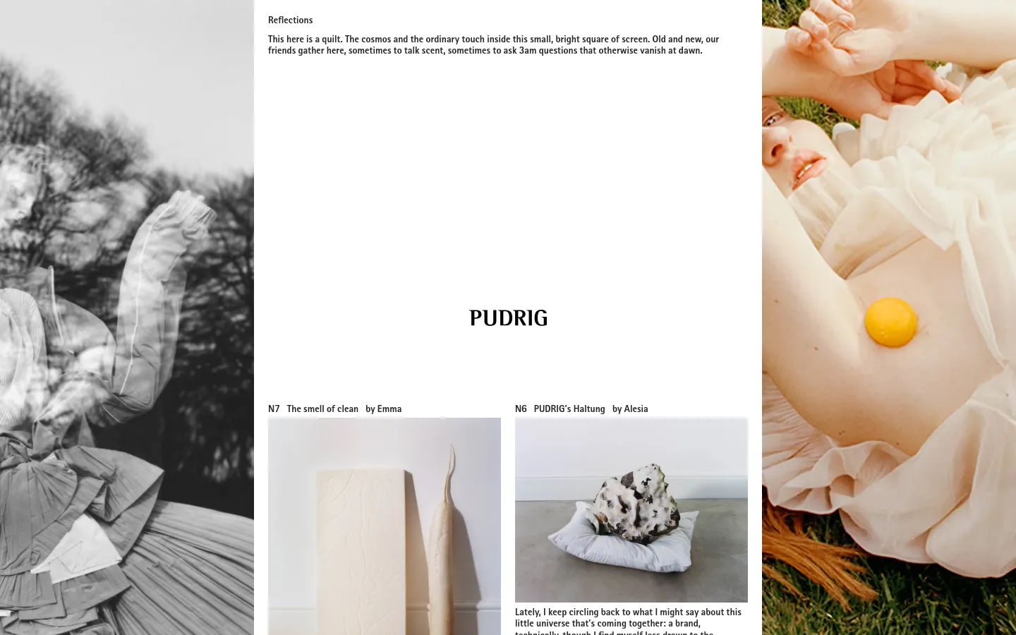 PUDRIG Reflections blog page featuring a minimalist editorial layout. A large, atmospheric black and white hero image of a person in flowing fabric spans the top, followed by a clean white section with serif typography and a two-column grid of essay entries with soft-focus still life photography.