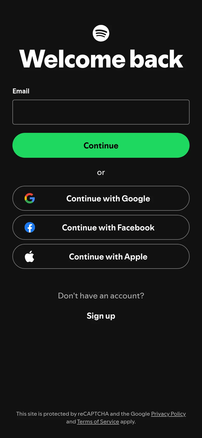 The mobile version of the login page maintains the dark theme and centered layout. The 'Welcome back' headline and Spotify icon are prominent, followed by the email field, a large green 'Continue' button, and stacked social login buttons for Google, Facebook, and Apple. The design is vertically oriented to fit a smartphone screen.