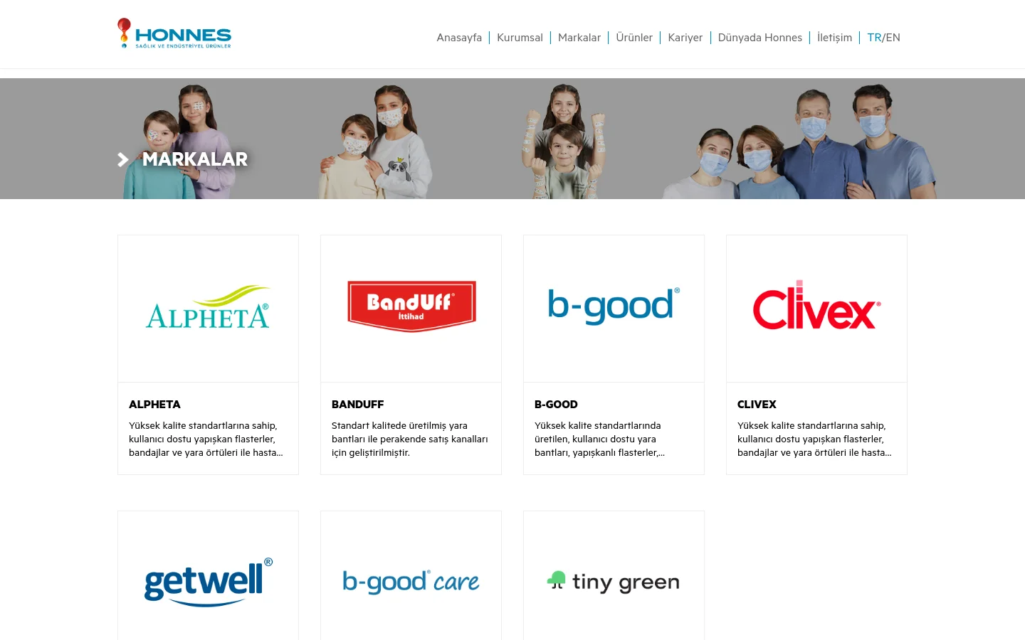 The desktop page features a white background with a hero banner showing a grayscale montage of people wearing face masks. Below the banner, a grid of brand cards displays logos for Alpheta, Banduff, B-Good, Clivex, Getwell, and Tiny Green, each accompanied by a title and a brief description of their medical products.