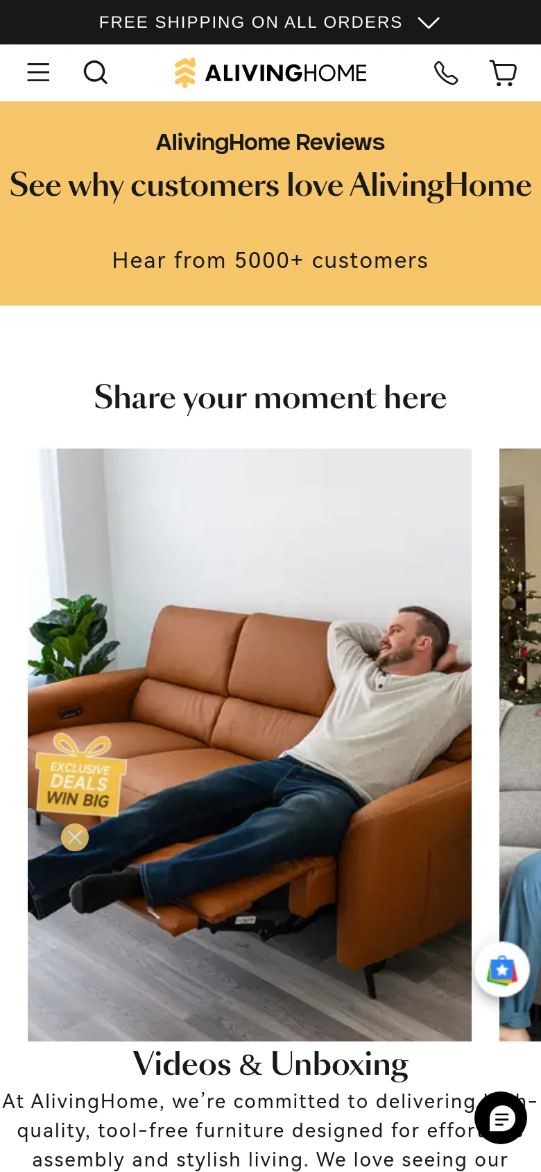 The mobile version presents a vertically stacked layout starting with a yellow hero banner containing the main headline and customer count. The 'Share your moment here' section follows, showing large, single-column lifestyle images of customers using the furniture. A condensed header includes a hamburger menu, search icon, brand logo, and contact/cart icons.