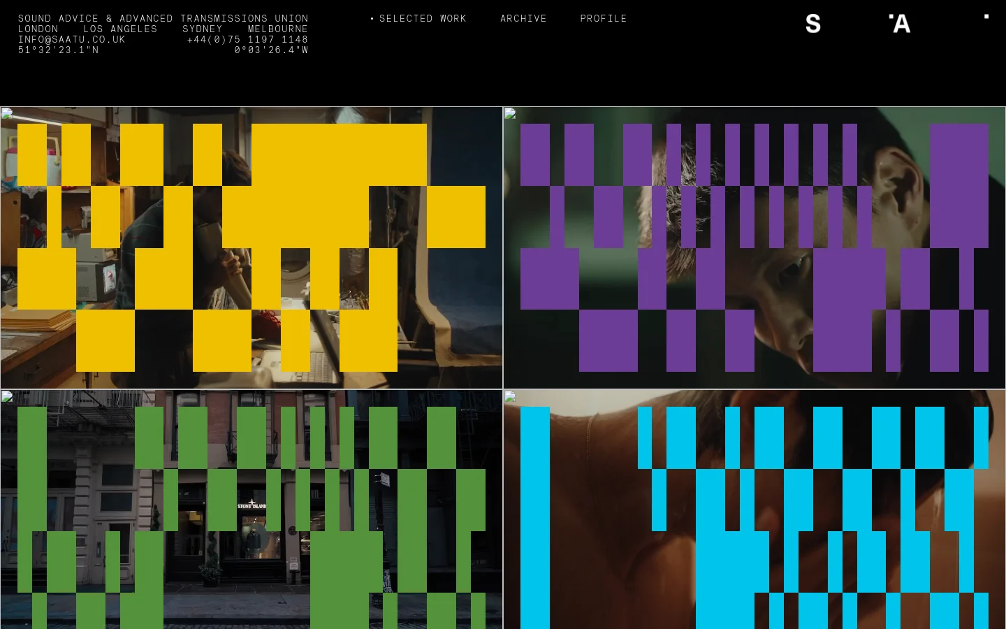 The desktop homepage features a minimalist dark layout with white text and a navigation menu at the top. A large hero section displays a grid of stylized, pixelated imagery in yellow, purple, and green tones, overlaid with project titles like 'Adidas | Confirmed'.