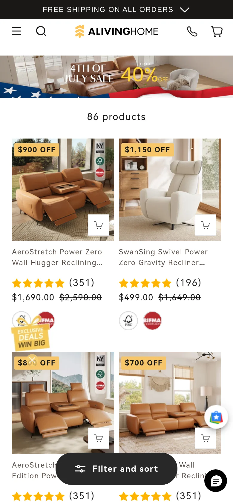 Mobile view of the furniture collection page with a condensed layout. The 4th of July sale banner spans the width of the screen, followed by a product count and a grid of furniture items. A floating 'Filter and sort' button and a chat icon are positioned at the bottom of the screen.