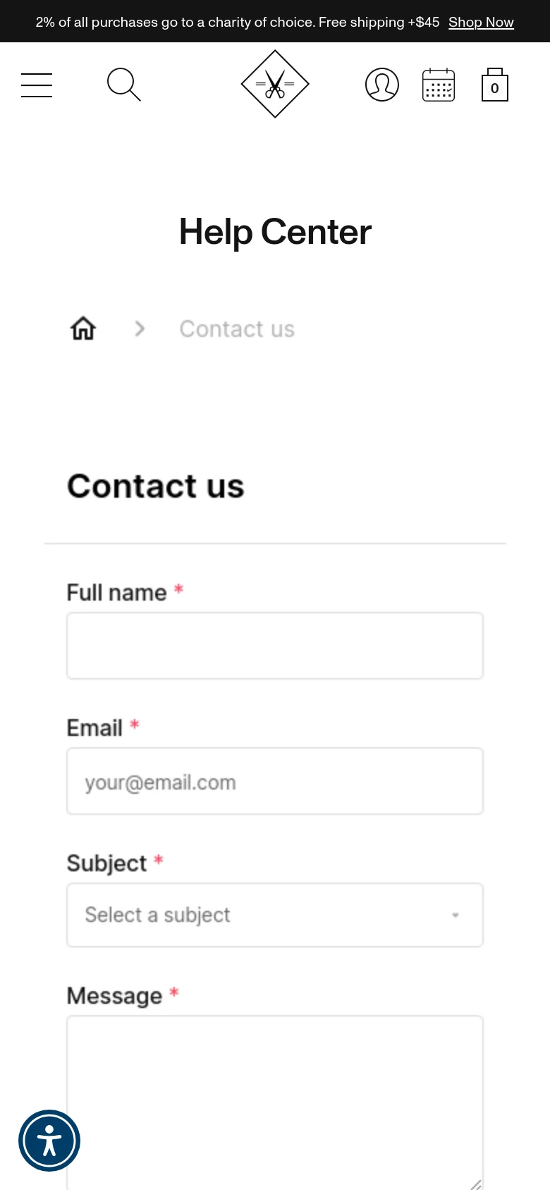 The mobile version of the Help Center page simplifies the layout, replacing the top navigation links with a hamburger menu icon and a search icon. The central logo, user icon, calendar icon, and shopping bag icon are displayed in a single row. The 'Contact us' form remains the primary focus, stacked vertically with large, touch-friendly input fields for name, email, subject, and message.