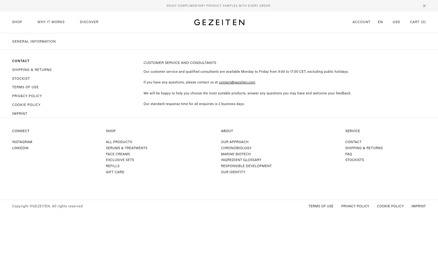 The desktop Contact page features a minimalist white layout with a top navigation bar including 'Shop', 'Why It Works', and 'Discover'. The main content area displays 'Customer Service and Consultants' text on the right, with a left-hand sidebar containing links for General Information like Shipping & Returns and Privacy Policy. A footer section organizes links under headings like Connect, Shop, About, and Service.