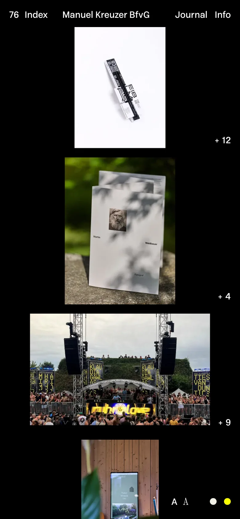 The mobile version maintains the dark, minimalist aesthetic but transitions to a single-column vertical scroll of large project images. The navigation links are condensed, and the layout prioritizes full-width imagery to showcase graphic design and photography work on a smaller screen.