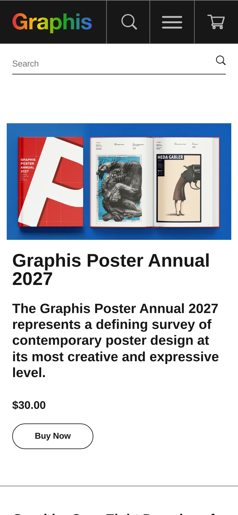 The mobile version presents a vertically stacked layout with a simplified header containing the Graphis logo, a search icon, a hamburger menu, and a shopping cart icon. Below the header, a large blue banner displays the poster annual cover and interior pages, followed by the product title, description, price, and a prominent 'Buy Now' button.
