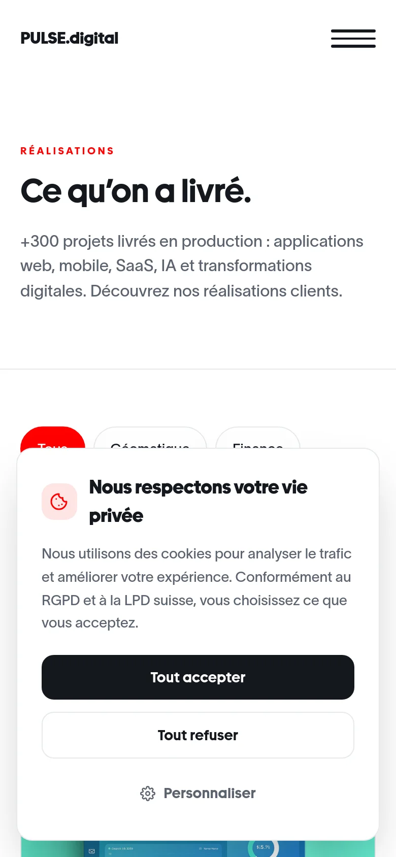 The mobile version presents a simplified, vertical layout with the same headline and subtext, but the navigation is condensed into a hamburger menu. The industry filter buttons are arranged in a scrollable or wrapped format, and the case study grid transitions into a single-column stack for easier vertical scrolling.