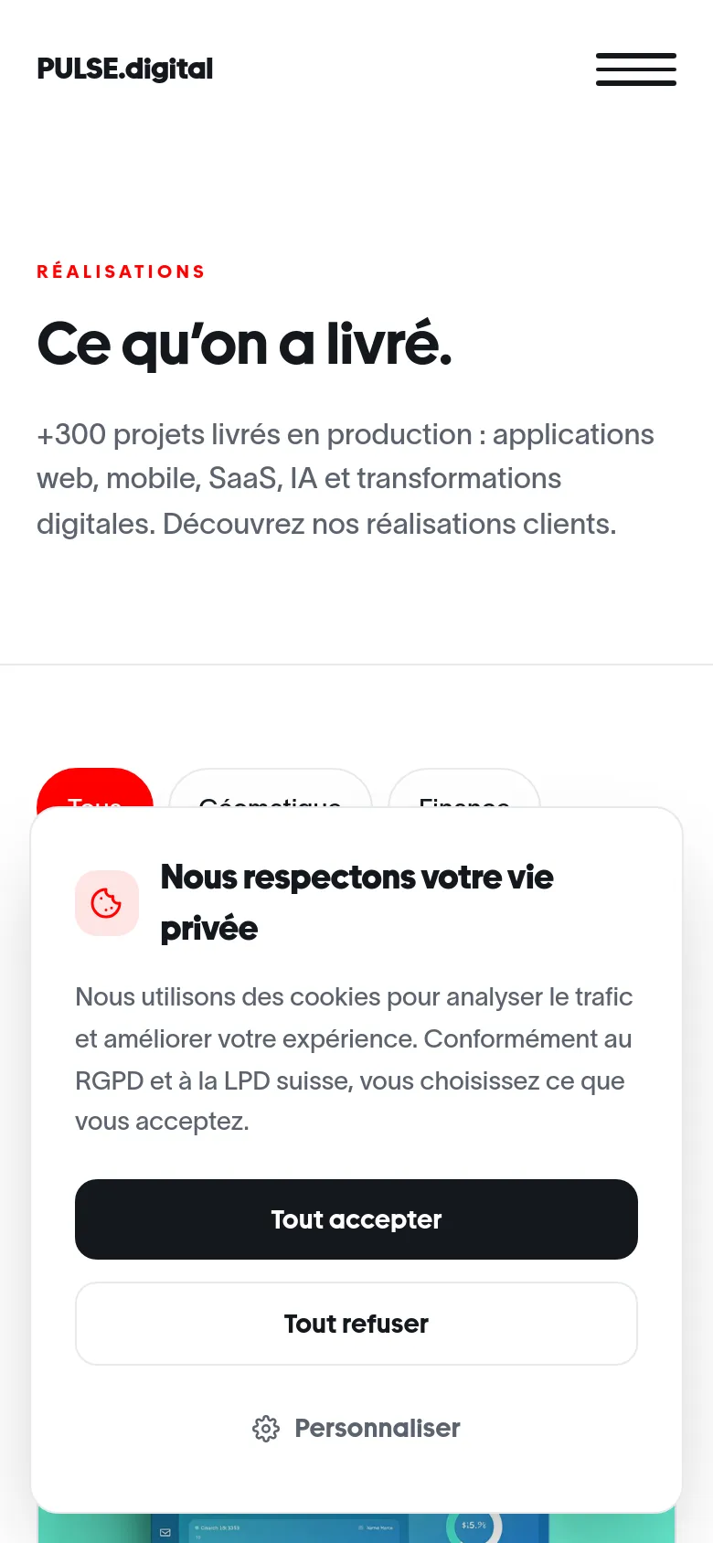 The mobile version presents a simplified, vertical layout with the same headline and subtext, but the navigation is condensed into a hamburger menu. The industry filter buttons are arranged in a scrollable or wrapped format, and the case study grid transitions into a single-column stack for easier vertical scrolling.