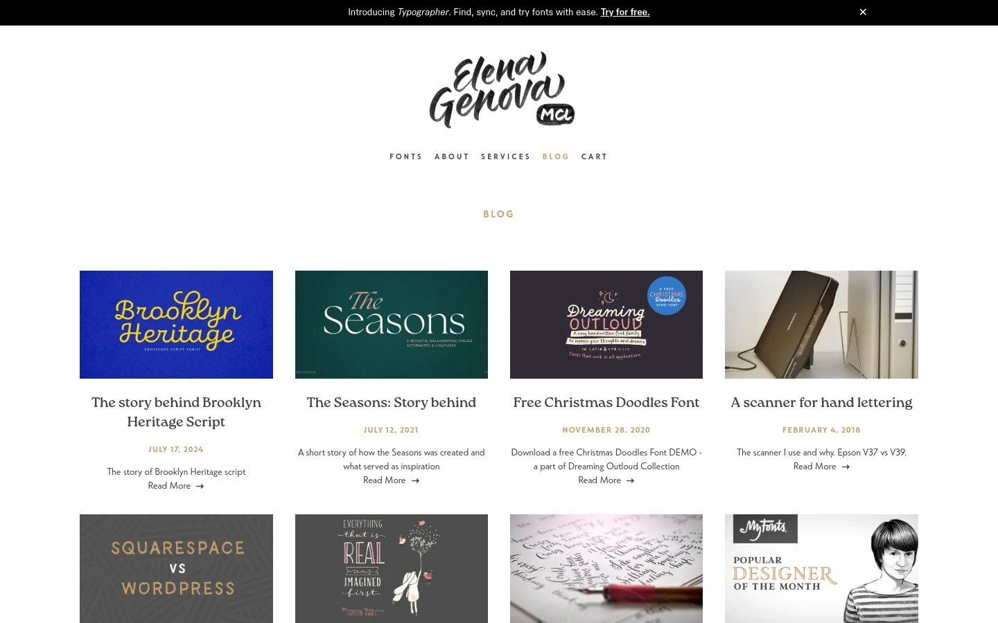 The blog page features a clean white background with a centered logo for Elena Genova. A grid layout displays blog posts, each consisting of a large rectangular featured image, a bold title, a date, a short excerpt, and a 'Read More' link. A black promotional banner at the top announces 'Typographer' with a call to action.