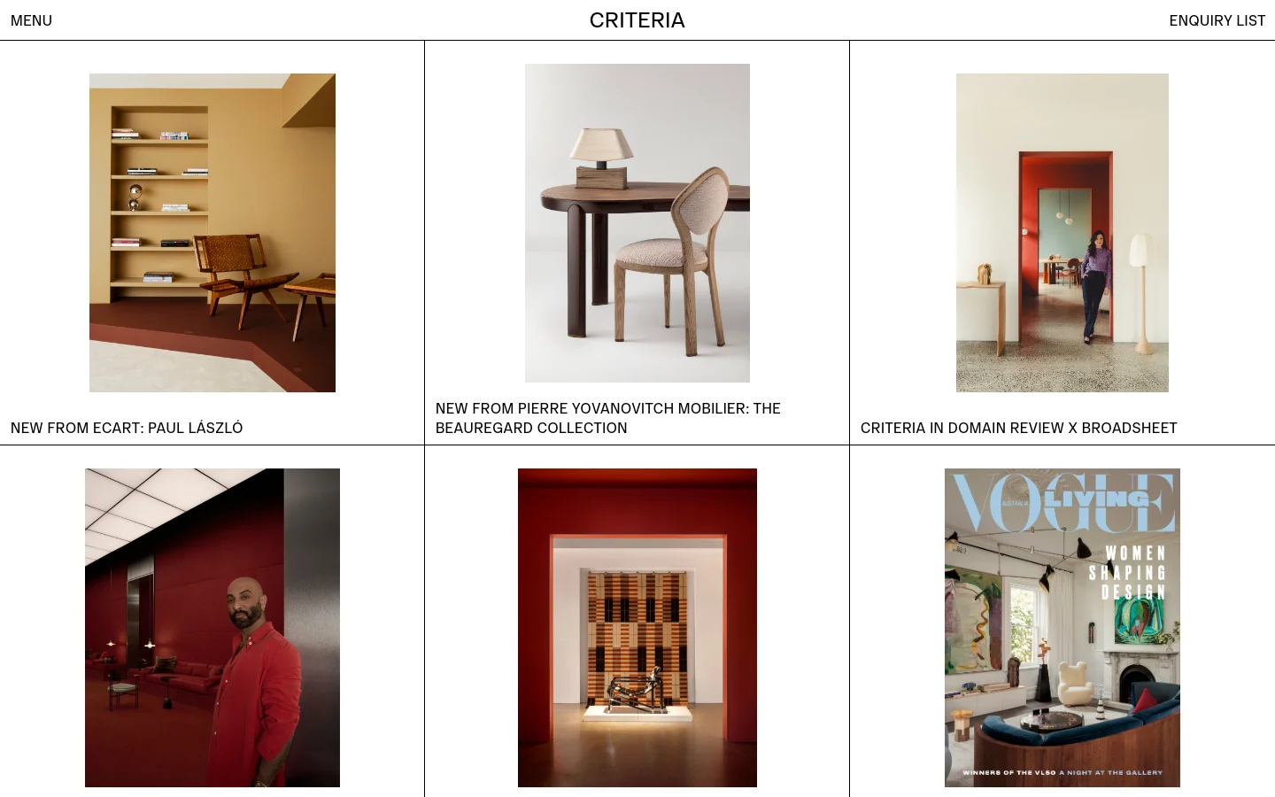 The News page features a minimalist grid layout with large, high-quality editorial images of furniture and interior design. Each image is paired with a descriptive headline below it, such as 'NEW FROM ECART: PAUL LÁSZLÓ' and 'CRITERIA IN DOMAIN REVIEW X BROADSHEET'. The design uses a clean white background with black serif typography for the brand name and navigation.
