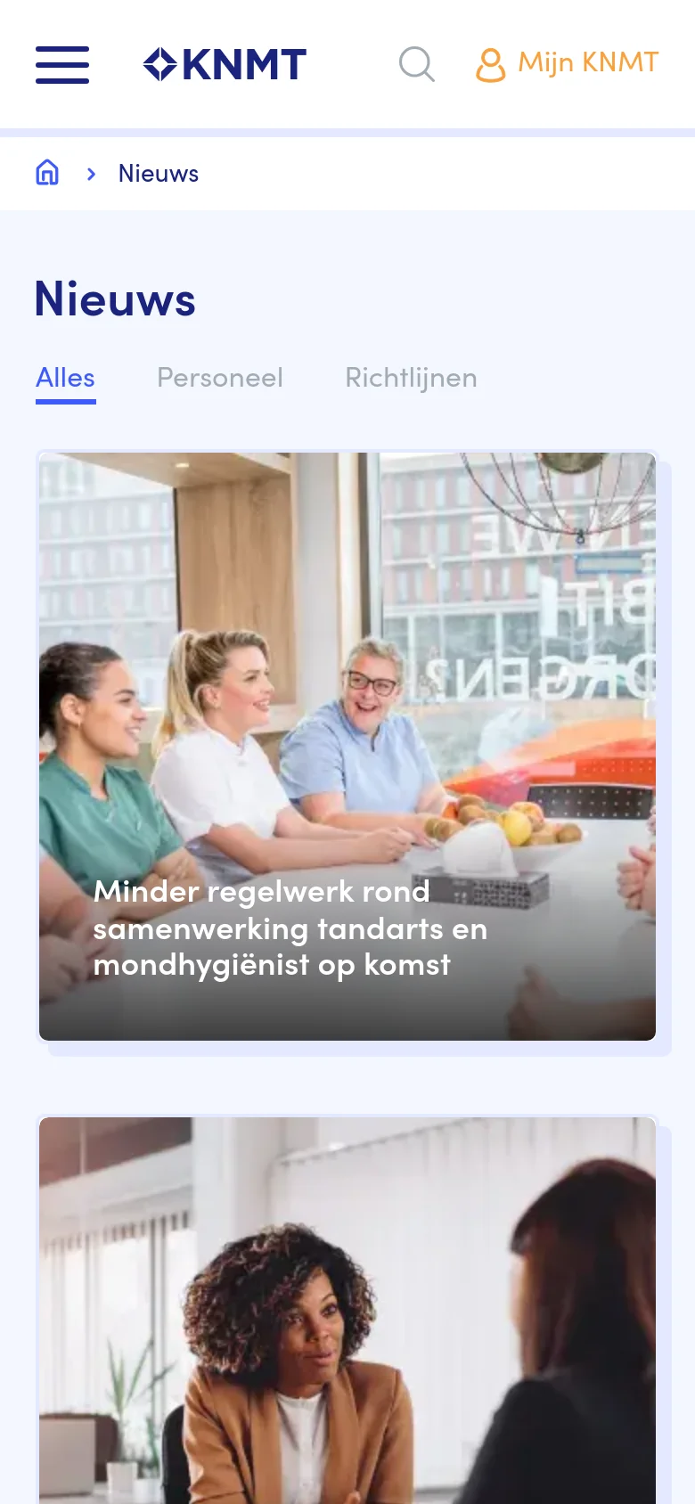 The mobile version displays a simplified layout with a hamburger menu and a condensed header. The news category filter is presented as a horizontal scrolling list, and the news cards are stacked vertically in a single column, showing large images with headlines overlaid at the bottom.