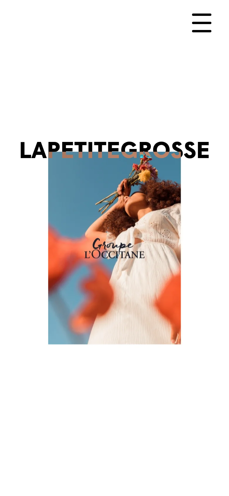 The mobile version simplifies the layout, replacing the top navigation menu with a large black hamburger icon on the right. The bold agency name and hero image of a woman with flowers remain the central focus, but the text and imagery are scaled to fit a vertical screen orientation.