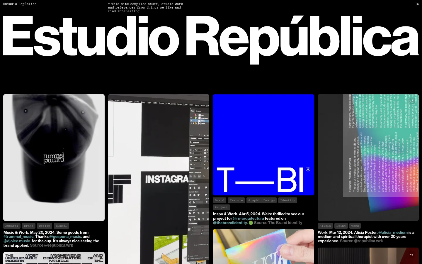 The desktop homepage for Estudio República features a minimalist, high-contrast black and white design with large, bold typography. A grid layout displays various design projects through large imagery, accompanied by category tags, dates, and brief descriptions. Primary navigation links like 'Music' and 'Work' are visible alongside project-specific calls to action.