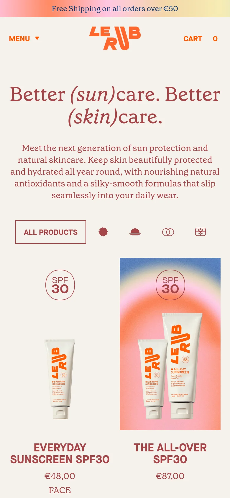 The mobile version presents a simplified vertical layout with a centered logo and a hamburger menu. The hero text and description are stacked vertically, followed by a single-row icon menu for product categories. The product grid transitions to a single-column view, showing large product images with titles and prices directly underneath.